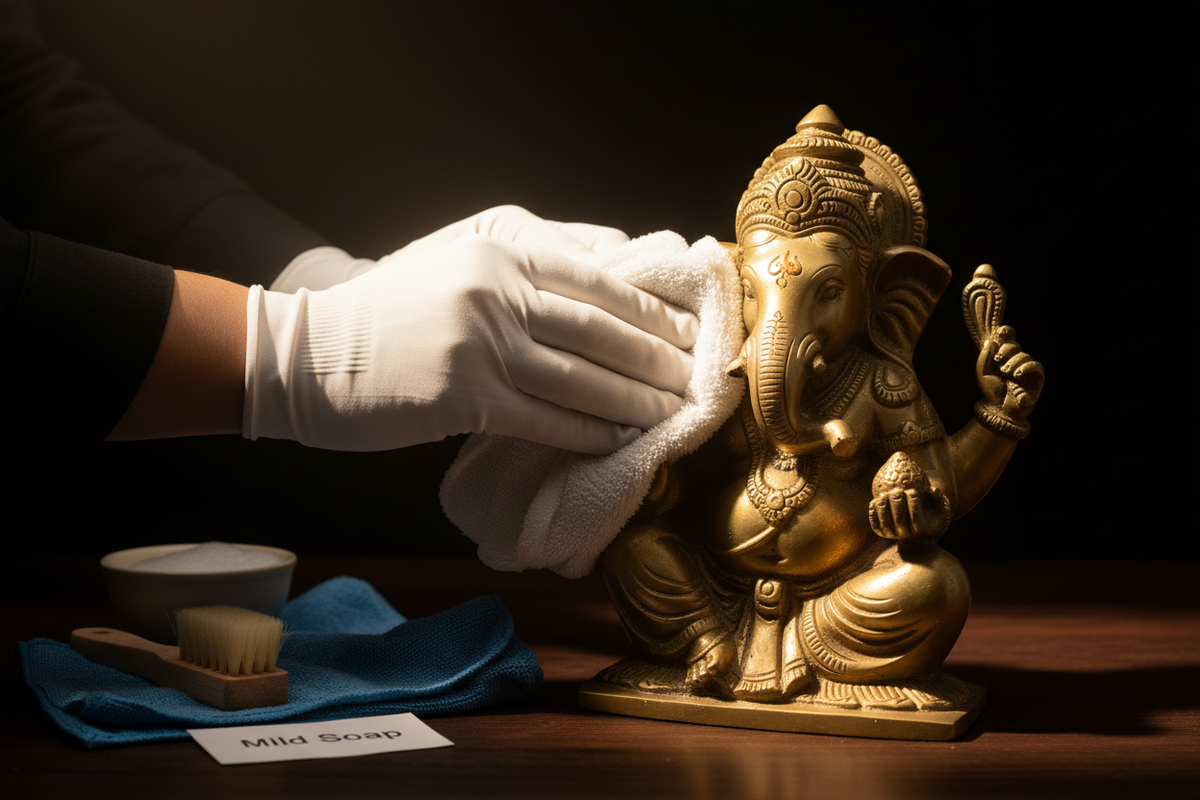 Handcrafted brass Ganesha statue being gently cleaned — sacred statue care guide | Moksha Craft