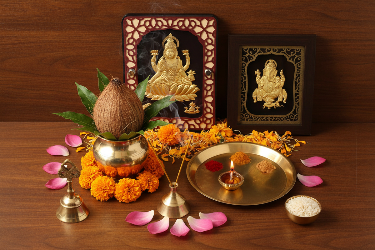 Complete home mandir altar flatlay: Lakshmi and Ganesha gold foil paintings, brass kalash, puja thali with diya, kumkum, marigolds, incense, bell and rice offerings