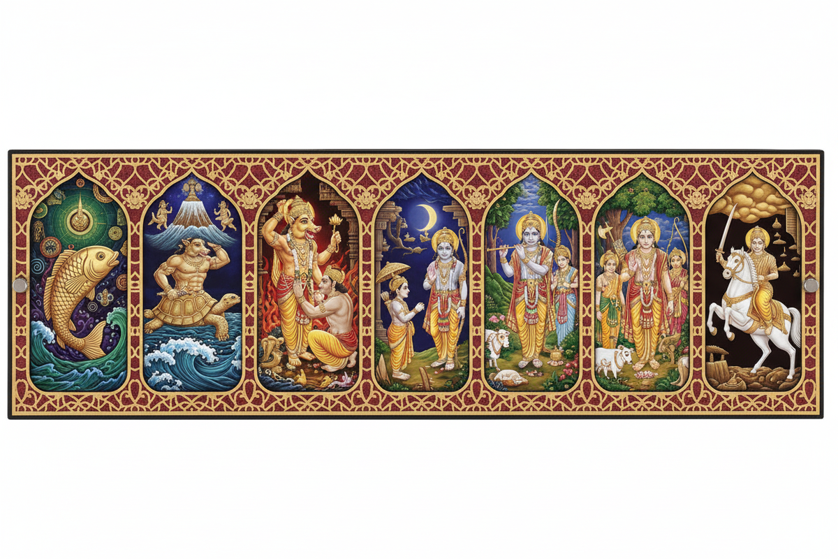 Dashavatara panel showing ten avatars of Lord Vishnu in evolutionary sequence from Matsya fish to Kalki on white horse in jewel-toned sacred art style with gold borders