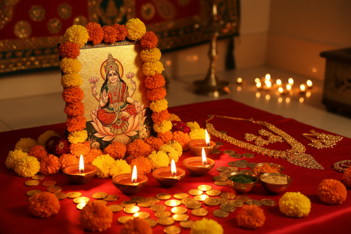 Dhanteras evening puja: 24K gold foil Lakshmi painting on silk altar with gold coins, marigolds, ghee diyas and offerings