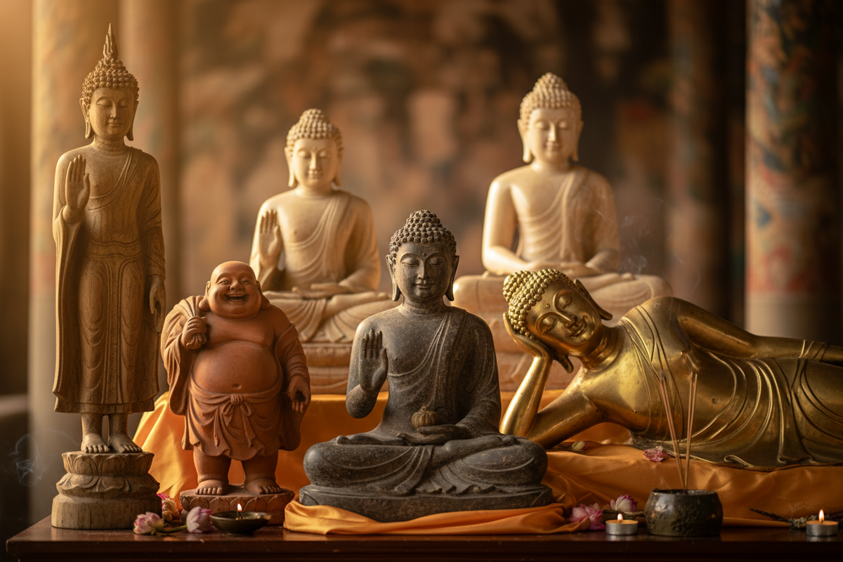 Different types of Buddha statues — meditating, reclining, standing and teaching Buddha | Moksha Craft