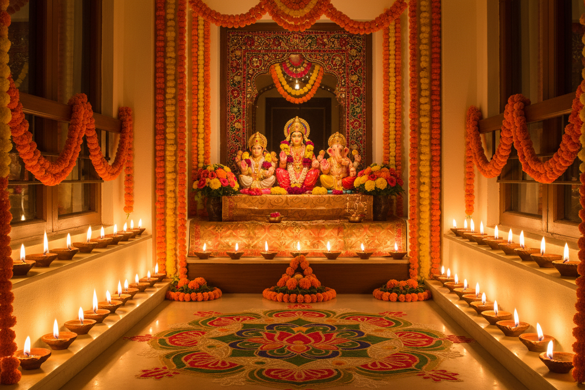 Diwali festival of lights — clay diyas, marigold flowers and colorful rangoli | Moksha Craft
