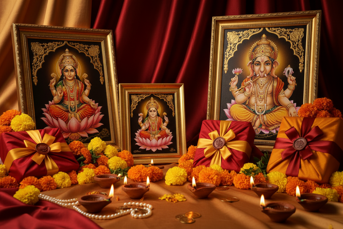Curated Diwali gift display with 24K gold foil sacred art paintings, red and gold silk wrapping, marigolds and diyas