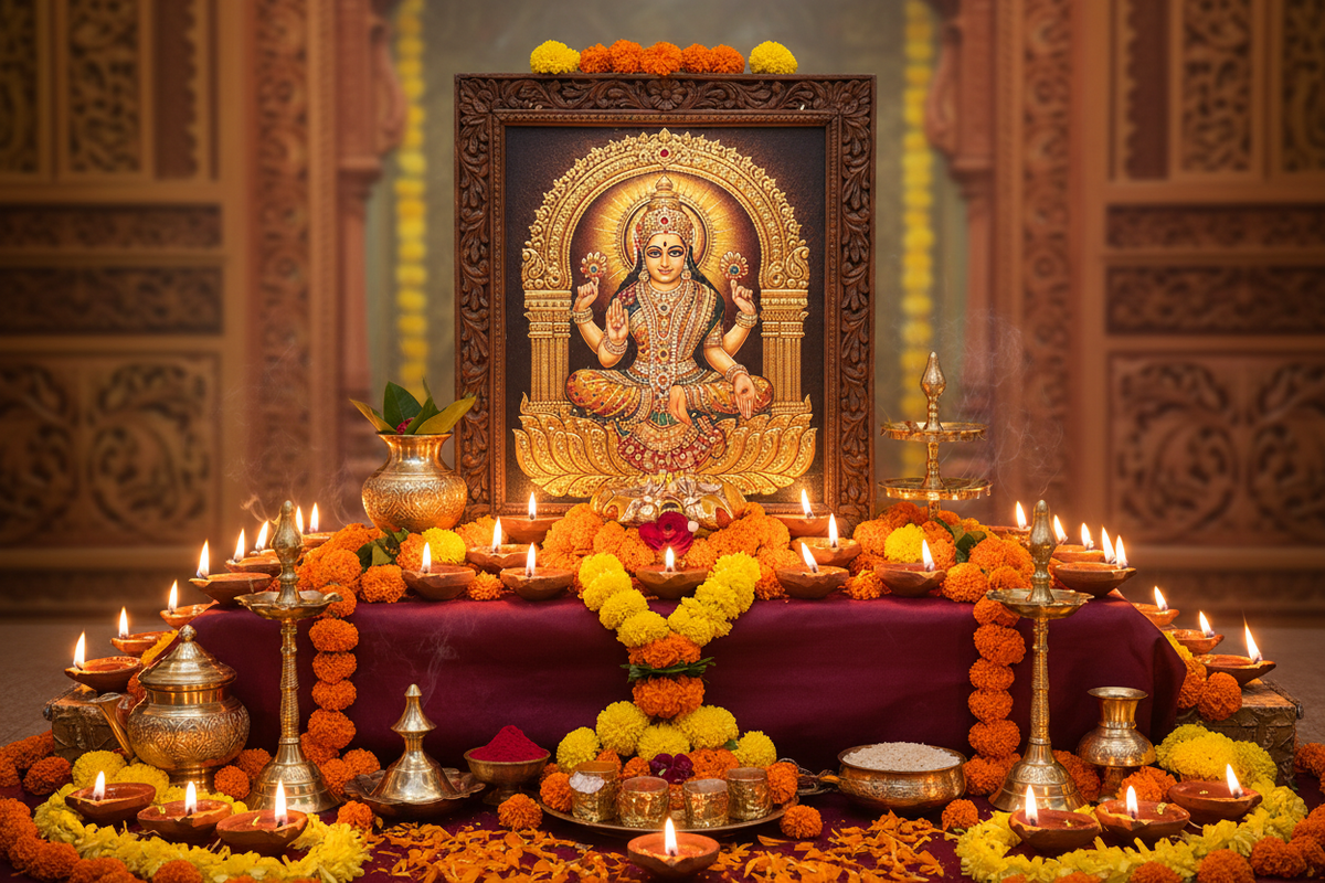 A beautifully arranged Diwali home mandir with Lakshmi gold foil painting, clay diyas, and marigold flowers