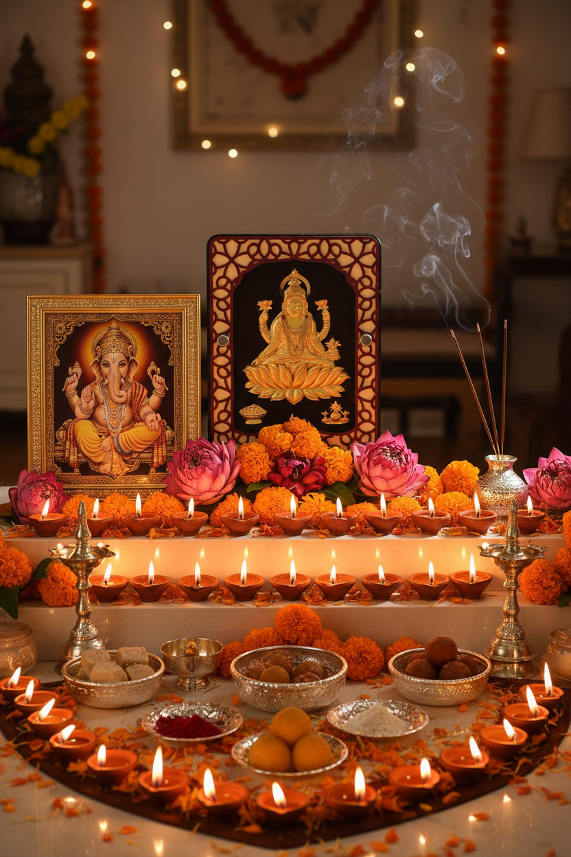 Diwali home altar on Lakshmi Puja night: Lakshmi 24K gold foil painting in shiny gold frame flanked by Ganesha painting, rows of lit clay diyas, fresh lotus and marigold flowers, gold coins, kumkum, sweets and incense