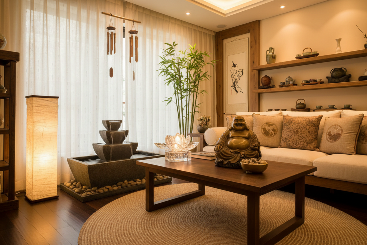 Feng Shui harmonious living space — bamboo plant, Buddha statue, crystal lotus and water fountain | Moksha Craft