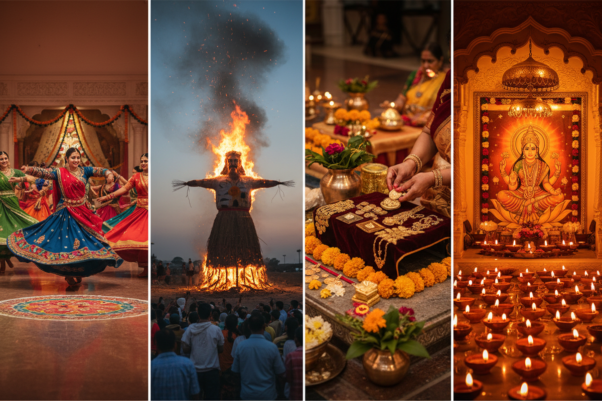 Hindu festival season collage: Navratri Garba, Dussehra bonfire, Dhanteras gold offerings, and Diwali home mandir with diyas