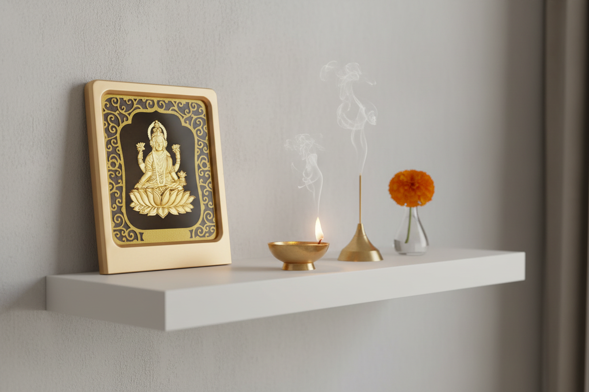 Floating wall shelf mandir in a modern apartment with Lakshmi gold foil tabletop painting, brass diya, incense holder and marigold