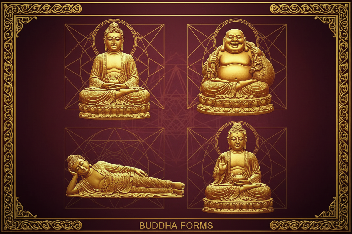 Four Buddha statues in different postures — meditating, laughing, reclining, earth-touching | Moksha Craft