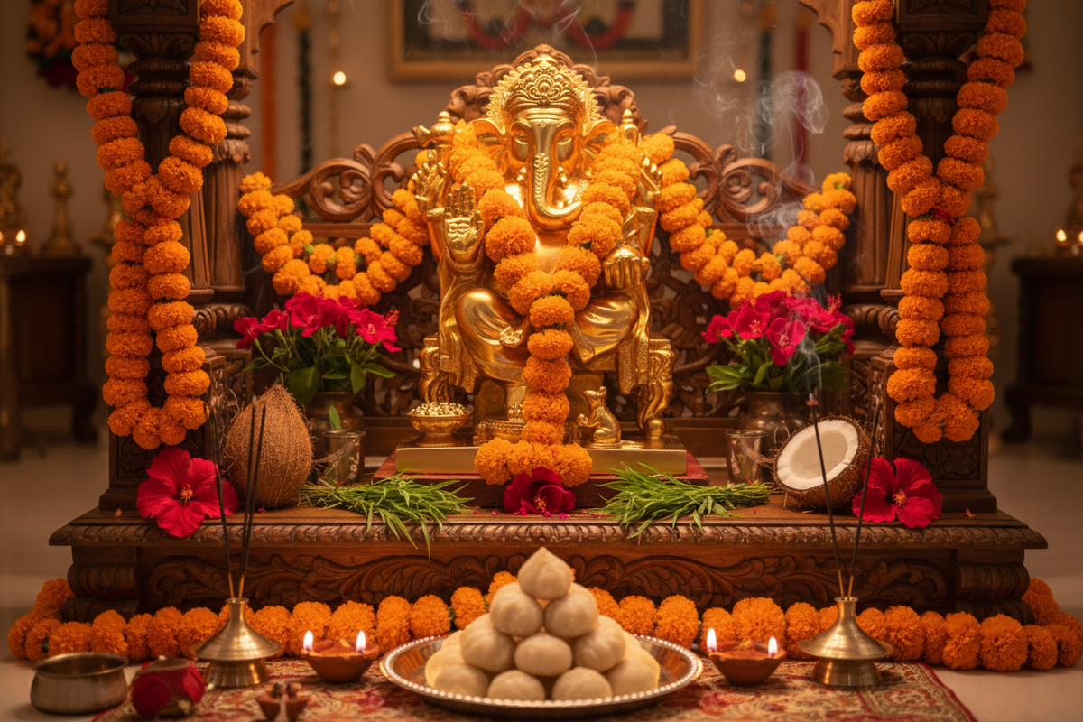 Ganesh Chaturthi home altar: large Ganesha murti adorned with marigold and rose garlands, red hibiscus flowers, modak sweets, durva grass, coconut, lit diyas and incense — complete festival setup