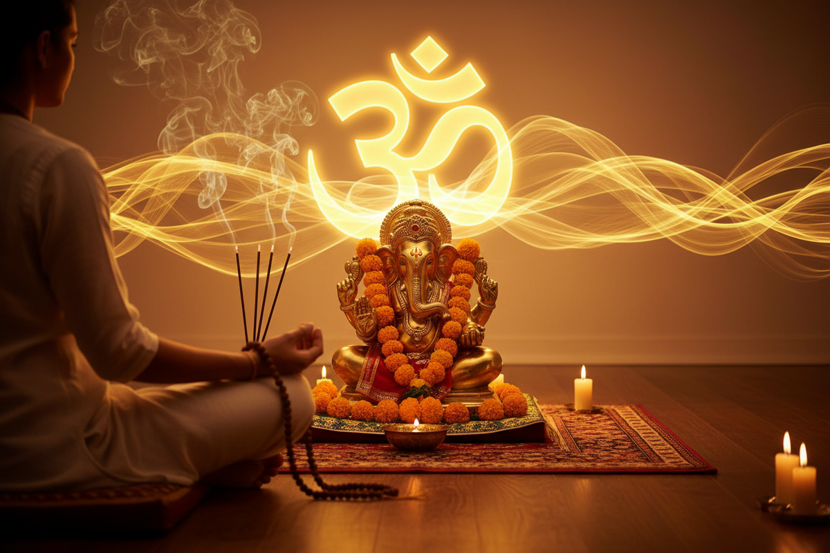 Ganesh mantra chanting — devotee with mala beads before Ganesha idol, Om symbol glowing | Moksha Craft