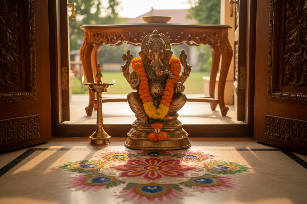 Ganesha idol Vastu placement — brass Ganesha at home entrance with marigold garland and ghee lamp | Moksha Craft
