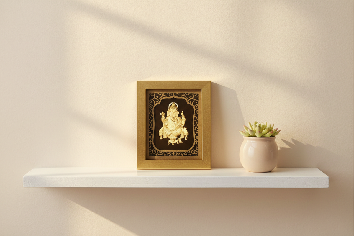 Ganesha 24K gold foil painting in matte gold frame on a white wooden nursery shelf, soft cream walls and gentle morning light — sacred divine protection in a newborn's room