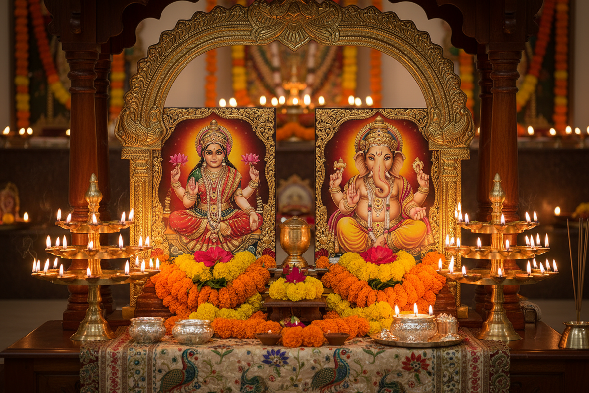 Diwali home mandir with Ganesha and Lakshmi 24K gold foil paintings side by side, illuminated by diyas and marigold offerings