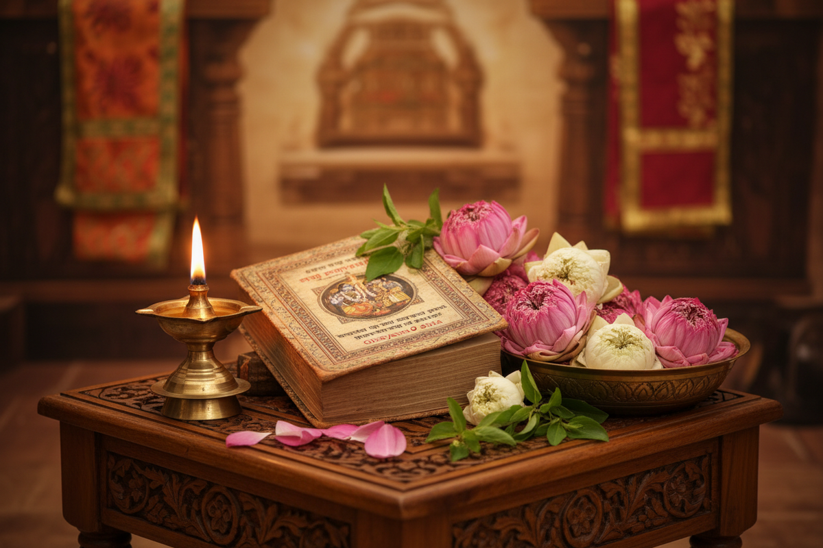 Bhagavad Gita on sacred altar with ghee lamp and lotus flowers — Gita Jayanti celebration | Moksha Craft