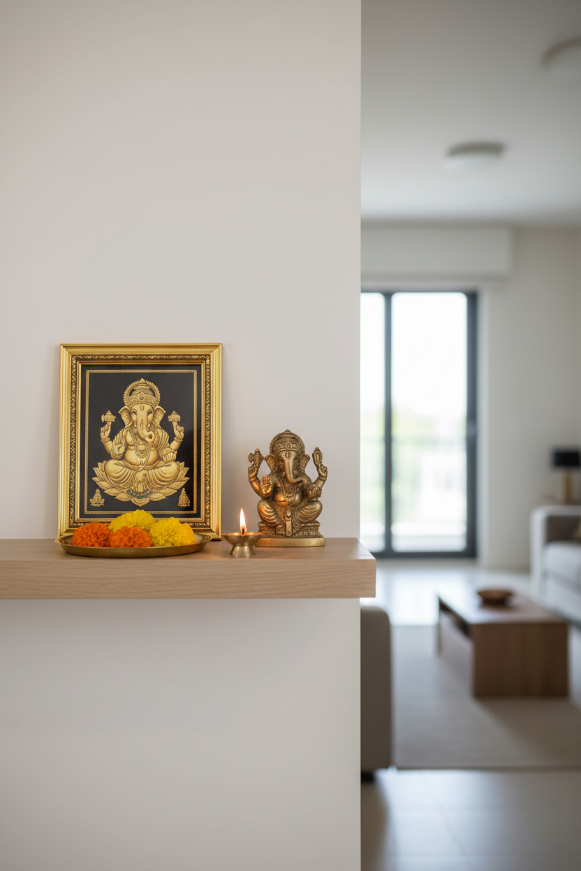 Ideal Hindu home mandir shelf with Ganesha 24K gold foil painting in gold frame, small intact brass Ganesha murti, fresh marigold flowers and lit diya showing correct sacred space setup