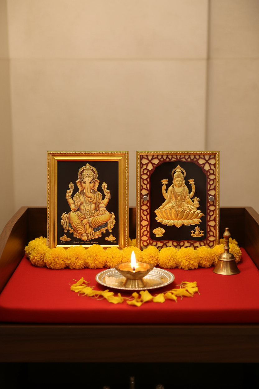 Ideal Hindu home mandir with Lakshmi and Ganesha 24K gold foil paintings in gold frames facing east on clean altar shelf with fresh marigold flowers, lit brass diya and red altar cloth
