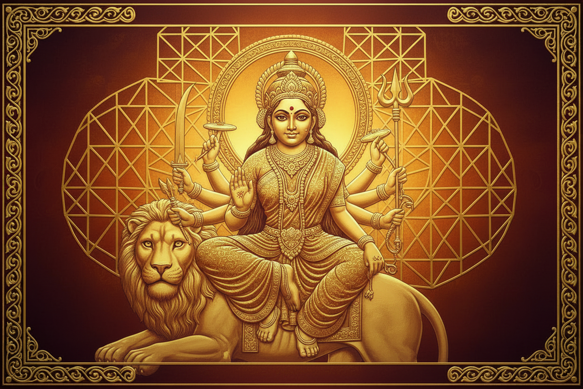 Goddess Durga in 24K gold sacred art — ten-armed deity seated on lion | Moksha Craft