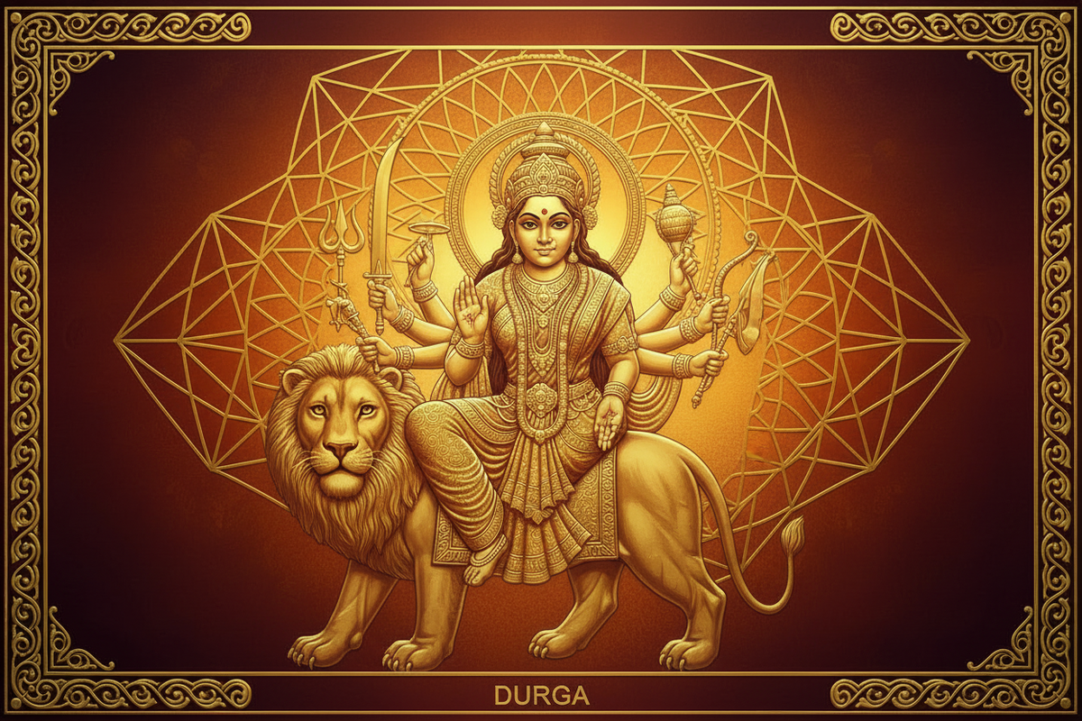 Goddess Durga with ten arms riding a lion in 24K gold sacred art — brass idol placement guide | Moksha Craft