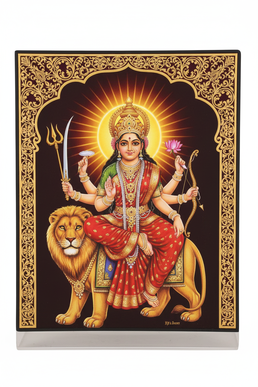 Goddess Durga riding a lion with ten arms holding divine weapons — trident, chakra, sword, bow, lotus — wearing red silk saree, golden complexion, third eye, divine radiant crown