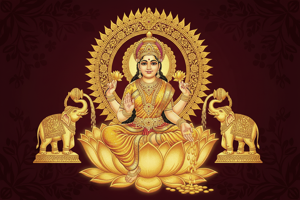 Goddess Kamala Lakshmi — seated on golden lotus throne with elephants pouring water | Moksha Craft