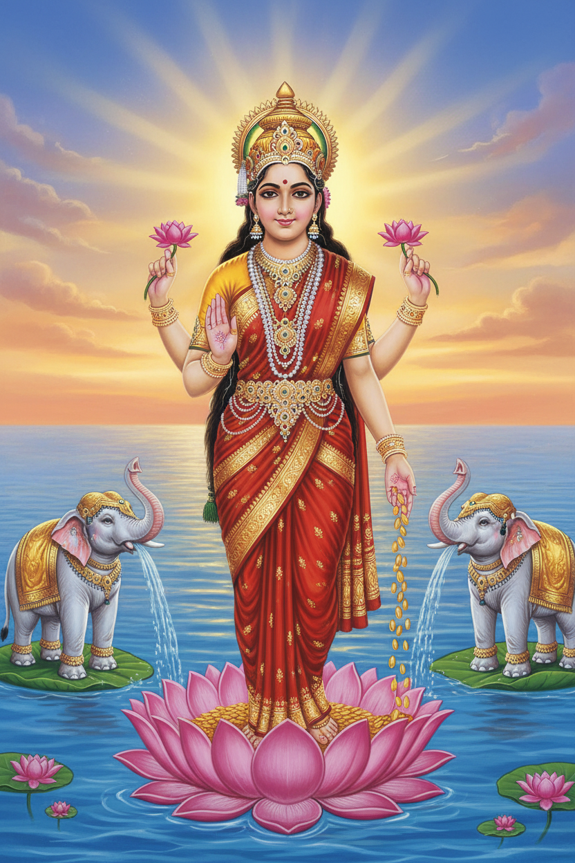 Goddess Lakshmi standing on a full-bloom lotus, four arms with varada mudra pouring gold coins and abhaya mudra raised, two white elephants showering sacred water, divine golden light