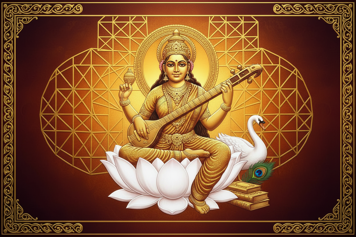 Goddess Saraswati in 24K gold sacred art — Basant Panchami festival | Moksha Craft
