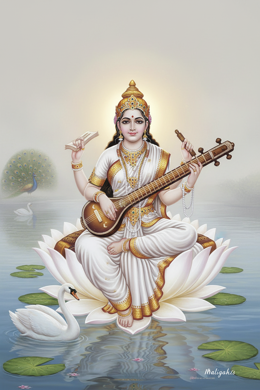 Goddess Saraswati seated on a white lotus, white silk saree, four arms playing veena and holding Vedas and japamala, white swan beside her, soft divine golden-white light
