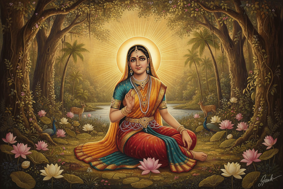 Goddess Sita — sacred feminine in forest exile with lotus flowers | Moksha Craft
