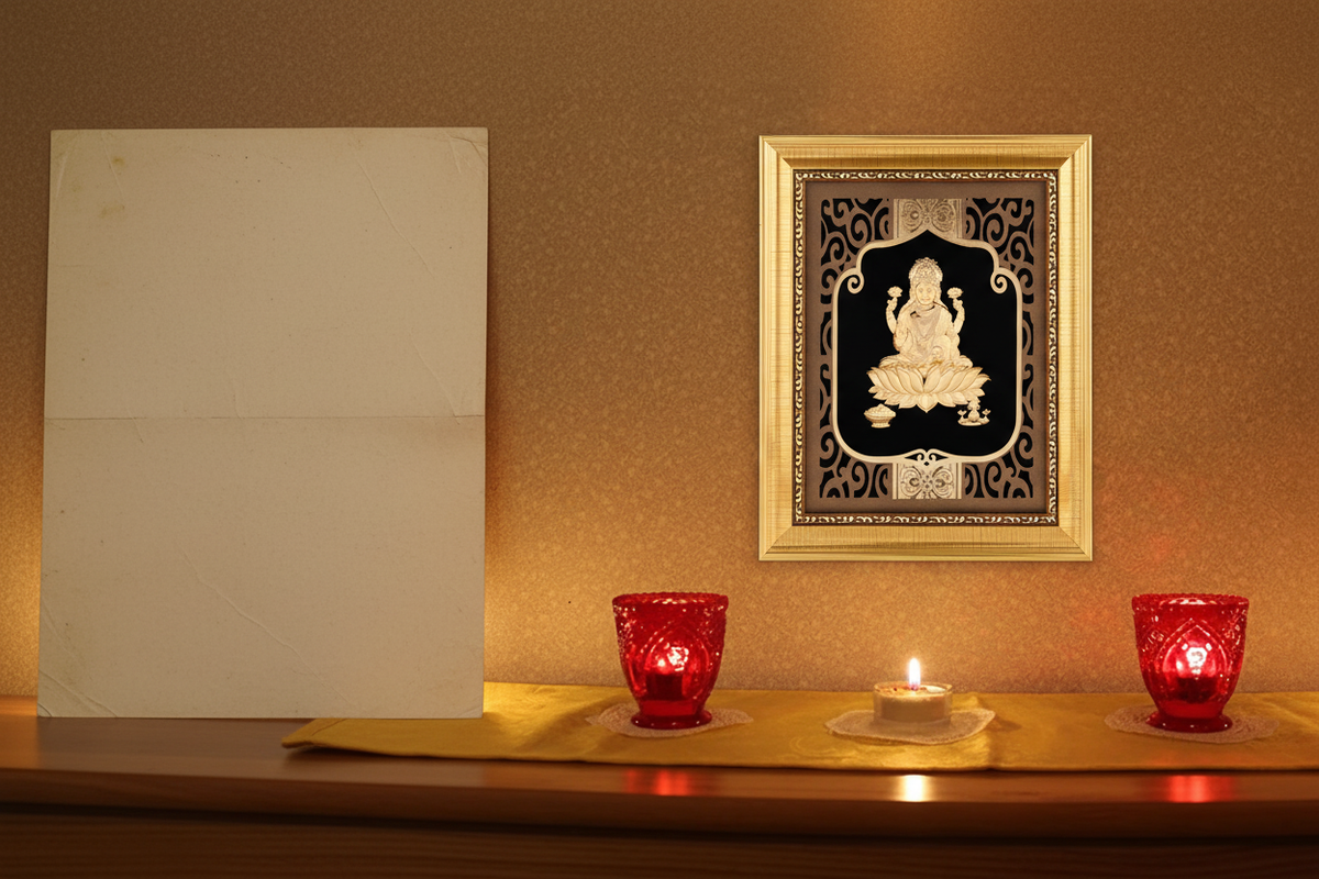 Side-by-side comparison of a flat printed poster and a genuine 24K gold foil Lakshmi painting, showing the difference in luminosity and material depth