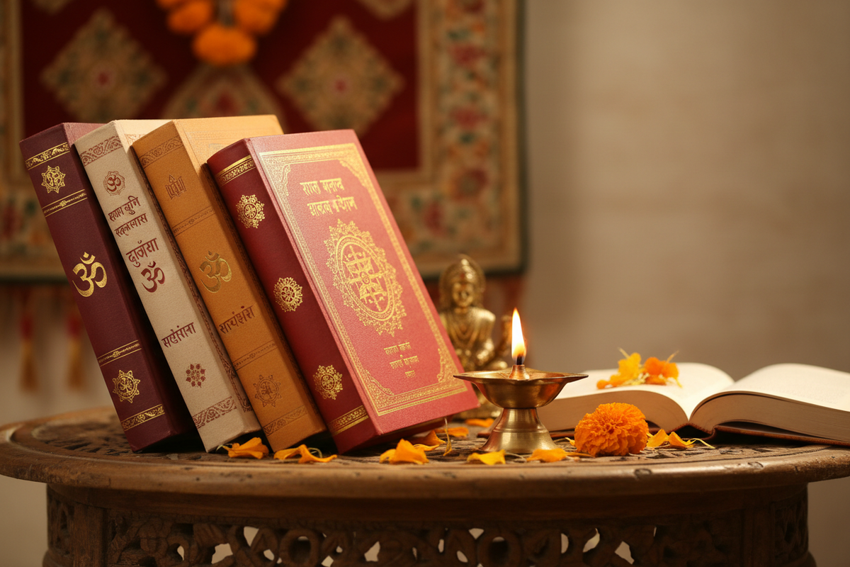 Hindi spiritual books collection — sacred Hindu texts with Sanskrit script covers | Moksha Craft