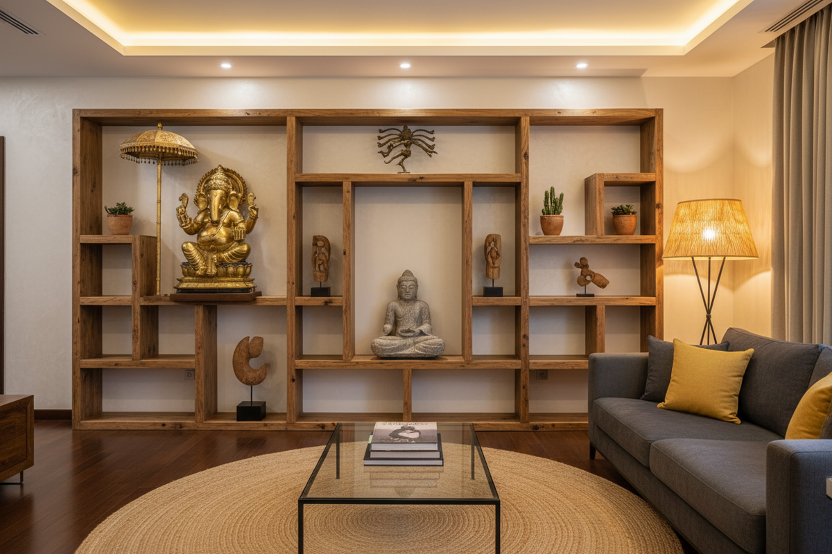 Hindu deity statues as modern home decor — brass Ganesha, bronze Nataraja and stone Buddha in elegant living room | Moksha Craft