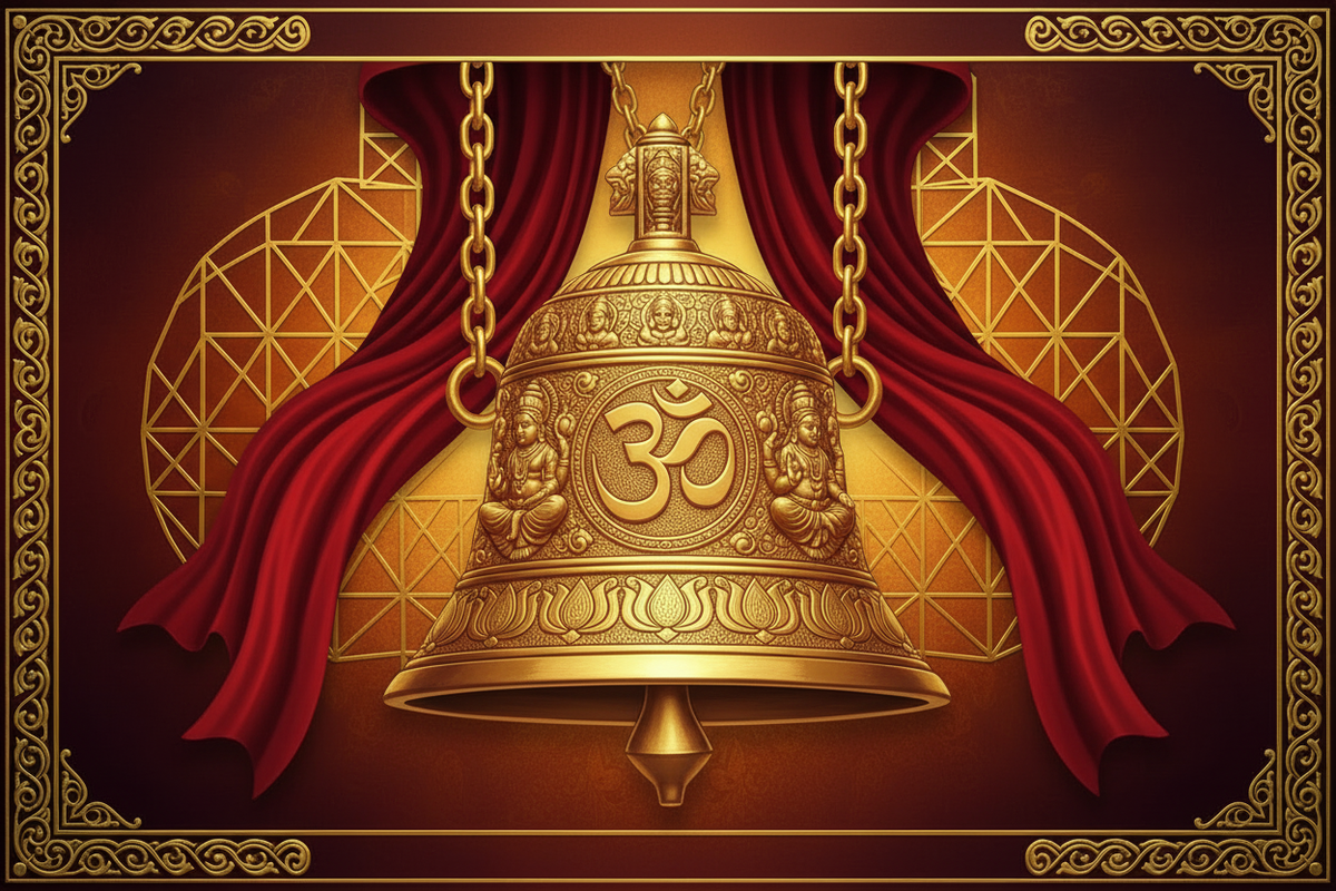 Hindu temple brass ghanta bell in 24K gold sacred art — sacred ritual bell of Hinduism | Moksha Craft