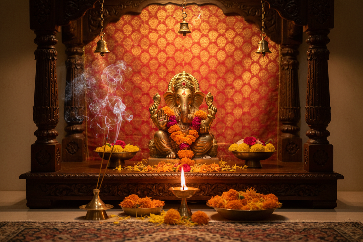 Beautiful Hindu home mandir sacred space with brass Ganesha idol and ghee lamp | Moksha Craft