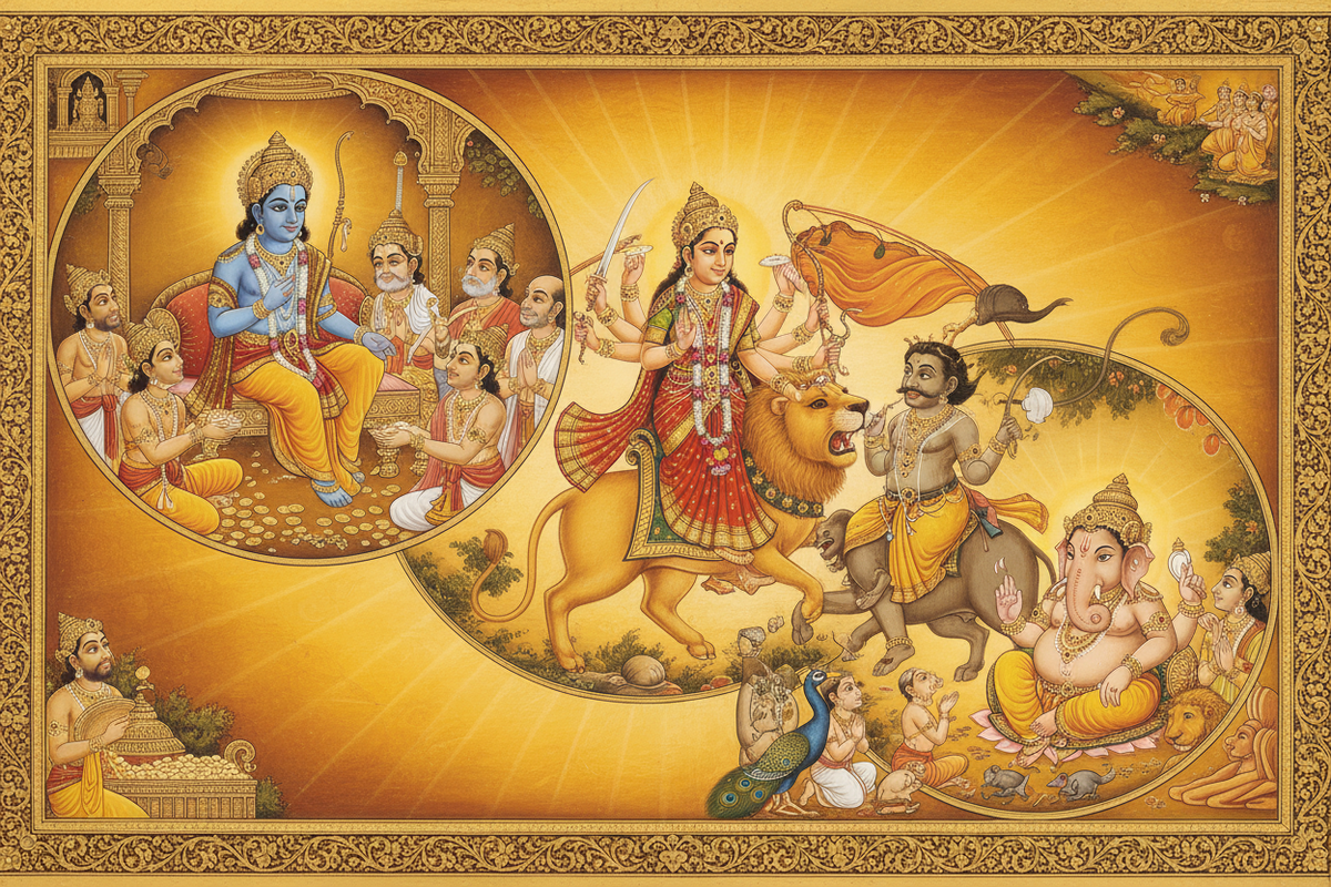 Hindu mythology moral lessons — Lord Rama, Goddess Durga and Ganesha in traditional Indian art | Moksha Craft