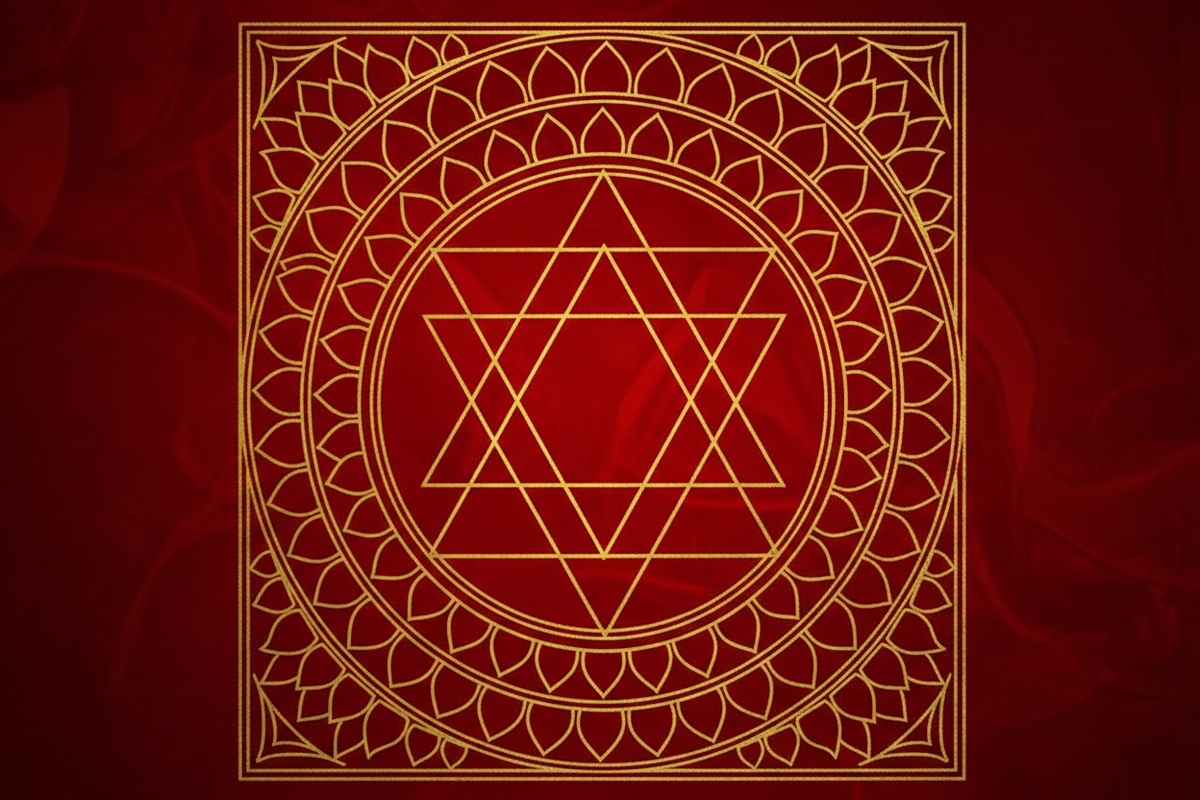 Hindu Tantra Sri Yantra mandala in gold — sacred geometry of the divine feminine | Moksha Craft