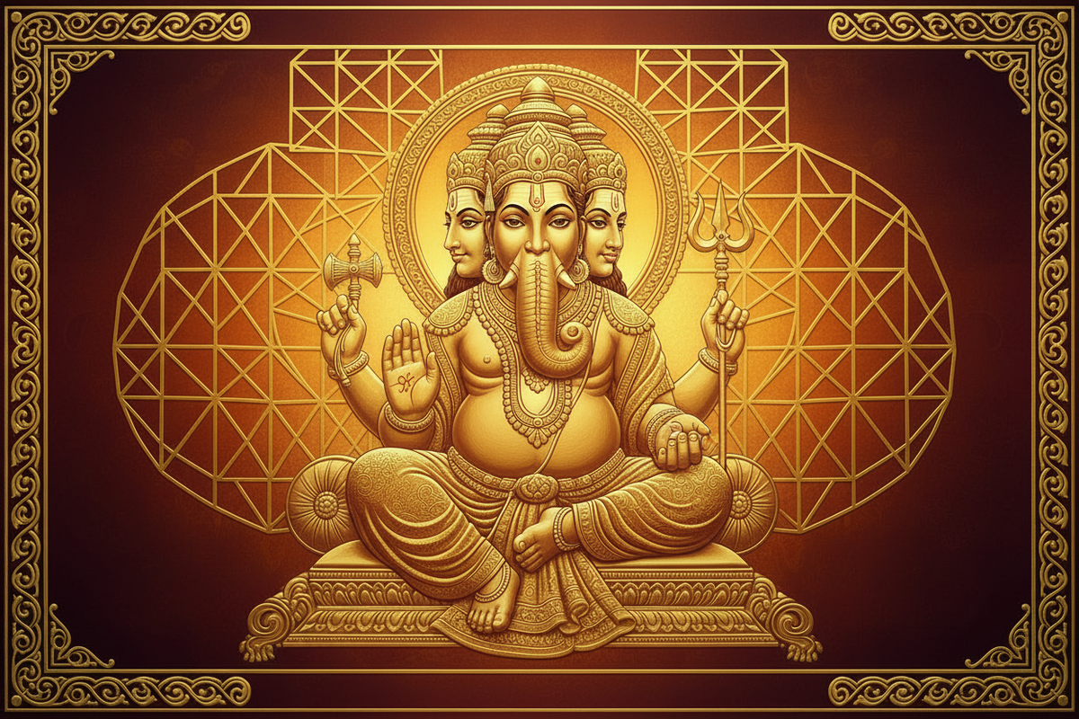 Hindu Trimurti in 24K gold — Dattatreya with three faces of Brahma Vishnu and Shiva | Moksha Craft