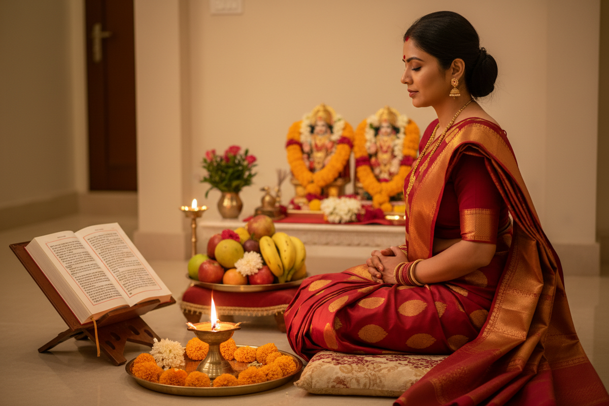 Hindu vrat fasting puja — woman performing Ekadashi fast with offerings and sacred text | Moksha Craft