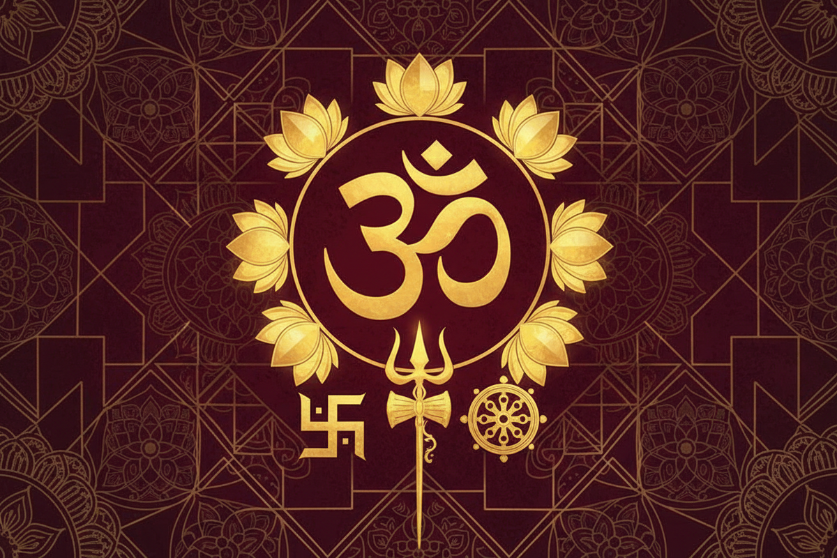 Hinduism sacred symbols — Om, lotus, Trishul and Swastika on deep burgundy background | Moksha Craft