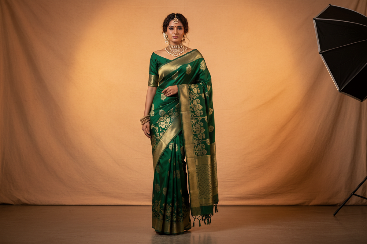 Indian fashion styling — elegant silk saree with gold jewelry | Moksha Craft