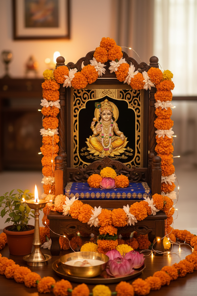 Janmashtami midnight celebration altar: decorated flower garland cradle, Bal Gopal 24K gold foil painting backdrop, brass diya lamp, tulsi plant, panchamrit bowl and marigold offerings awaiting Krishna's arrival