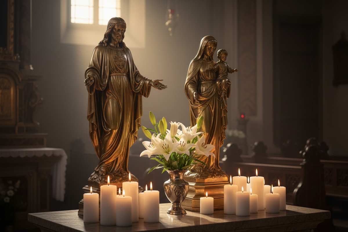 Jesus and Mary sacred statues in warm golden light — Christian sacred art for home | Moksha Craft