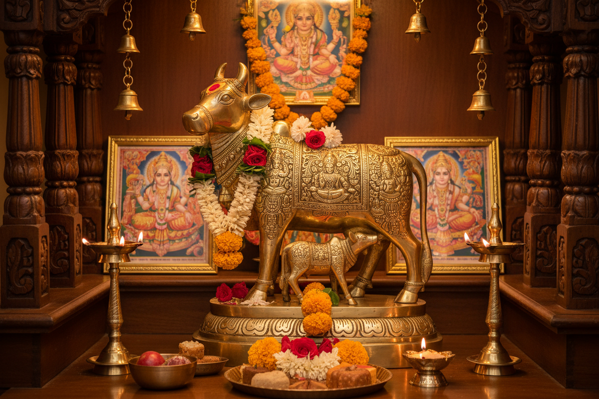 Kamadhenu brass statue in home mandir — divine wish-fulfilling cow with calf and flowers | Moksha Craft
