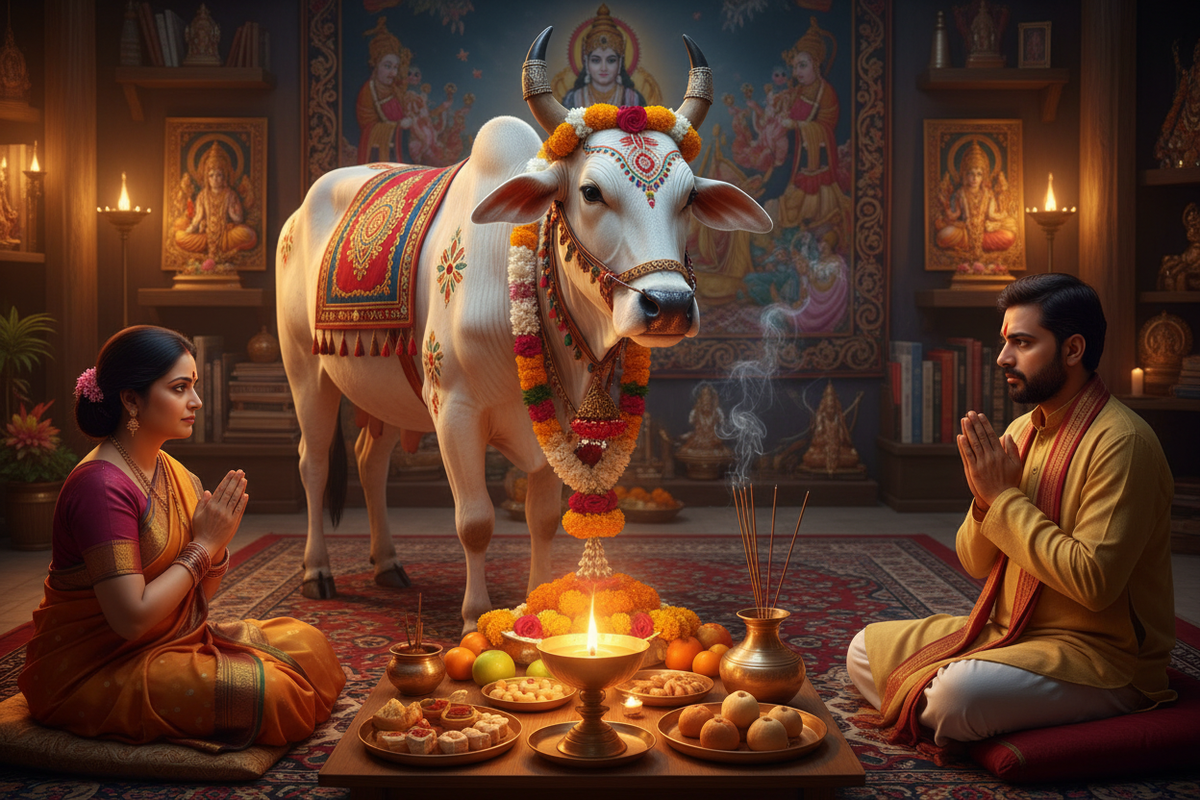 Kamadhenu divine cow worship at home — sacred white cow with flowers and puja offerings | Moksha Craft