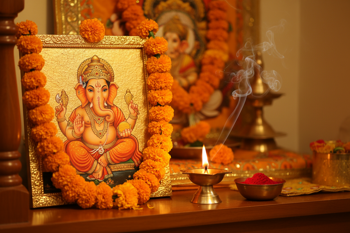 Vibrant Kesari saffron-orange Ganesha 24K gold foil framed painting on home mandir shelf surrounded by fresh marigold garlands lit brass diya vermilion sindoor and incense smoke in warm orange gold devotional setting