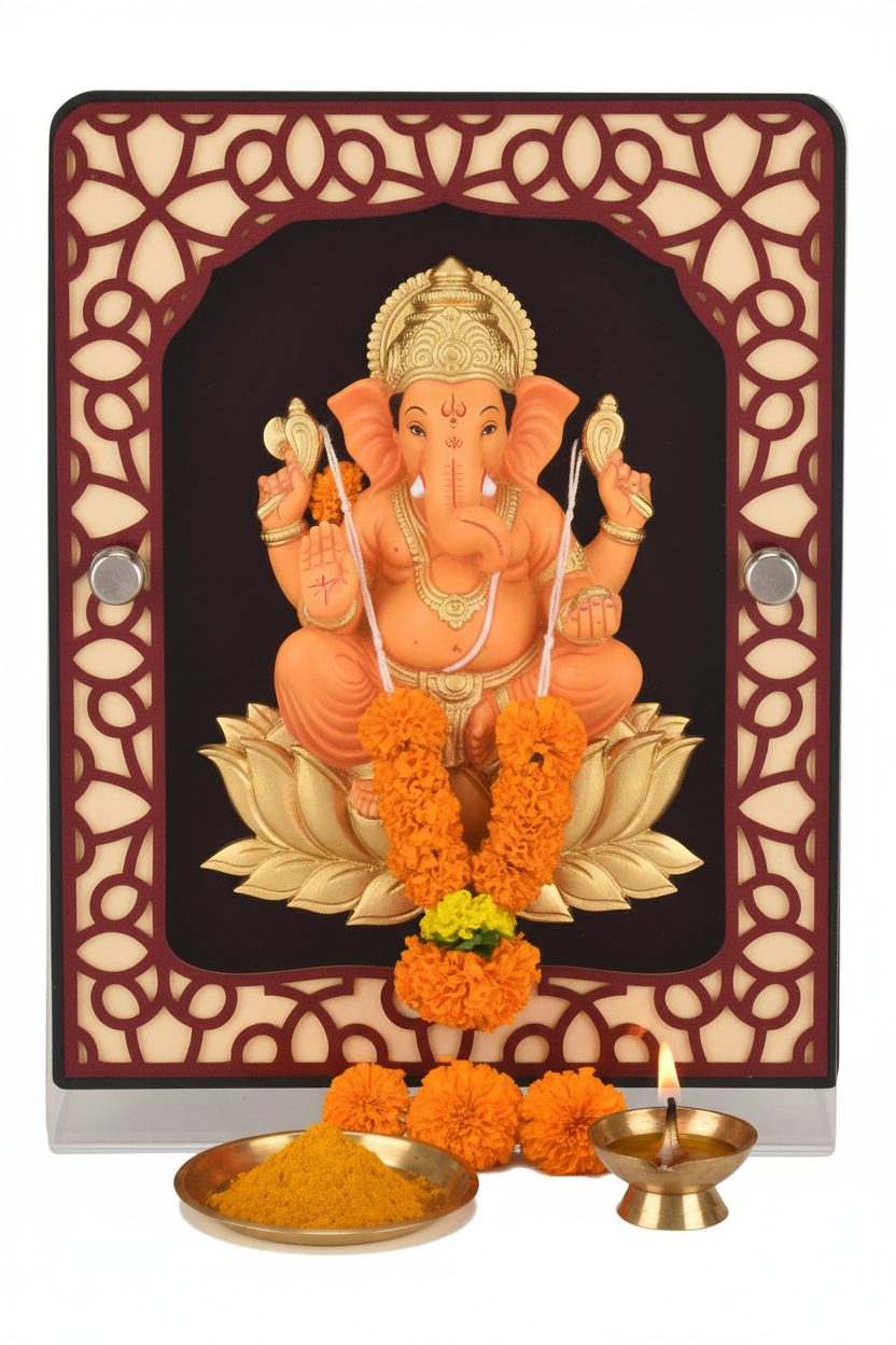 Kesari saffron-orange Ganesha murti on home mandir shelf adorned with marigold garland, turmeric powder offering in small brass plate, fresh orange marigold flowers at base and lit brass diya with warm golden editorial lighting