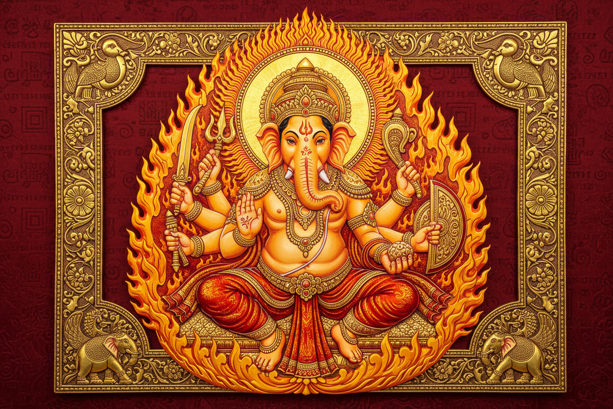 Kesari Ganesha — Lord Ganesha in radiant saffron warrior form with 24K gold sacred art | Moksha Craft