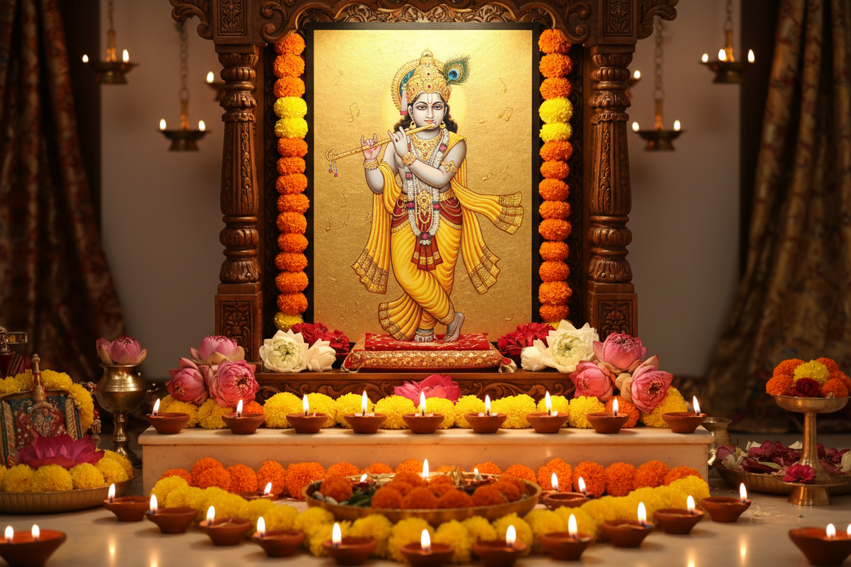 24K gold foil painting of Lord Krishna playing the flute as centerpiece of a Diwali home mandir with diyas and marigolds
