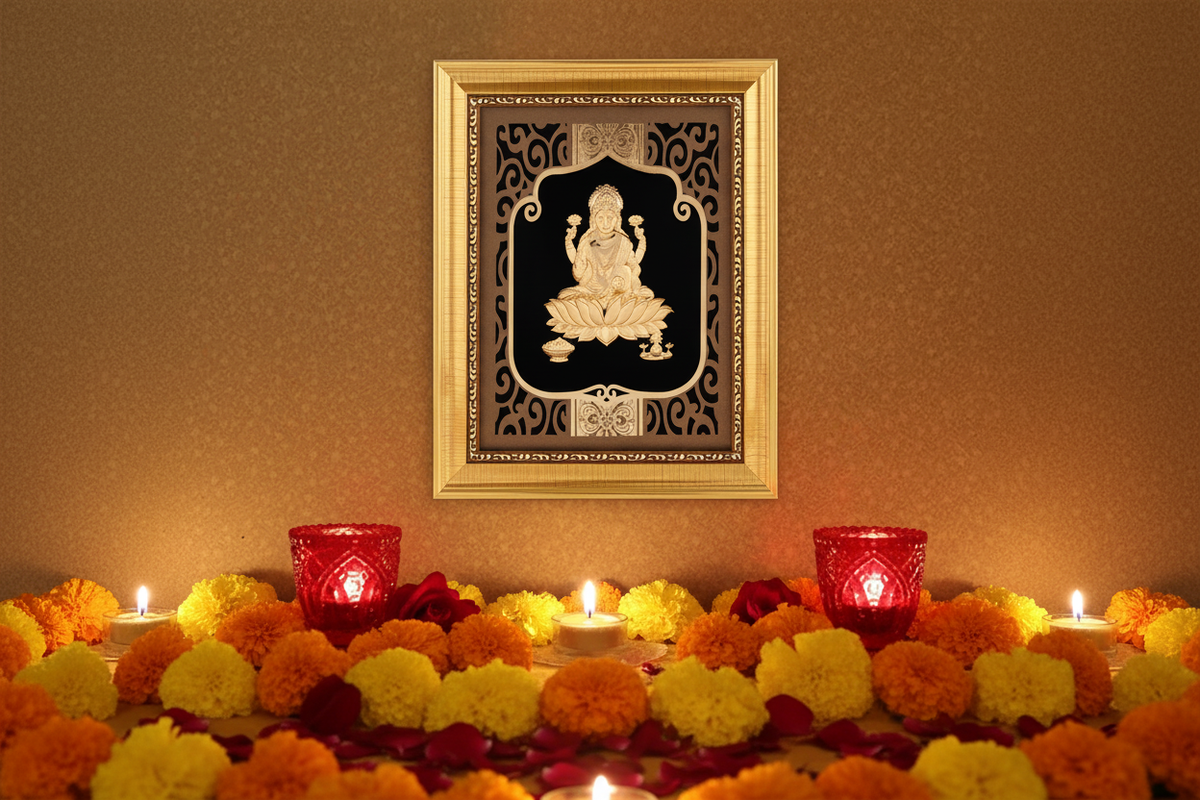 24K gold foil Lakshmi painting in shiny gold frame displayed on saffron silk cloth with fresh marigold flowers and rose petals, warm golden candlelight