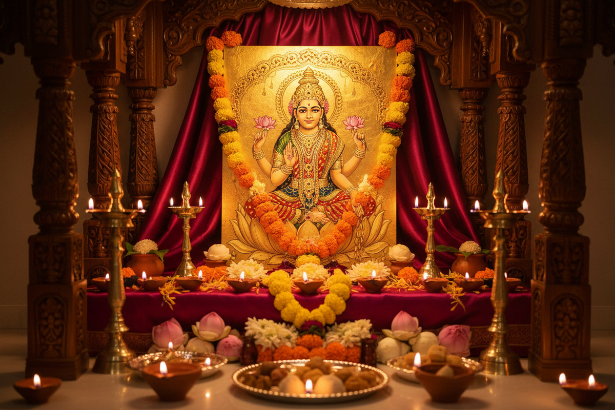 Goddess Lakshmi 24K gold foil painting as the centerpiece of a Diwali home mandir with diyas and marigolds
